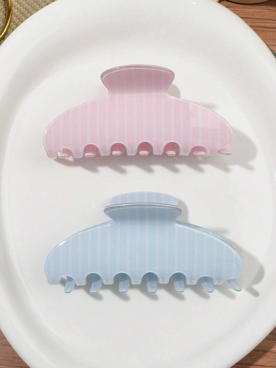 2入藍色與粉色條紋亮面壓克力實心半圓形髮夾,韓系柔美甜美風,優雅浪漫氛圍,適合春夏出遊的百搭夏季髮飾 - 彩色 - 查看 1