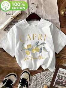 Women's Casual Lemon Print T-Shirt - Short Sleeve 100% Citrus Print T-Shirt, Casual Summer Blouse, Machine Washable, Essential For Spring/Summer Outfits, 100% Lemon, 100% Cotton, Durable - 白色 - 查看 1