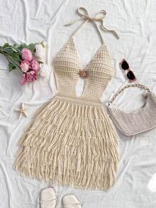 Vestido de suéter ajustado con cuello en V, escote halter y espalda con lazo, estilo bohemio, para vacaciones, otoño/invierno - Albaricoque - Ver 7