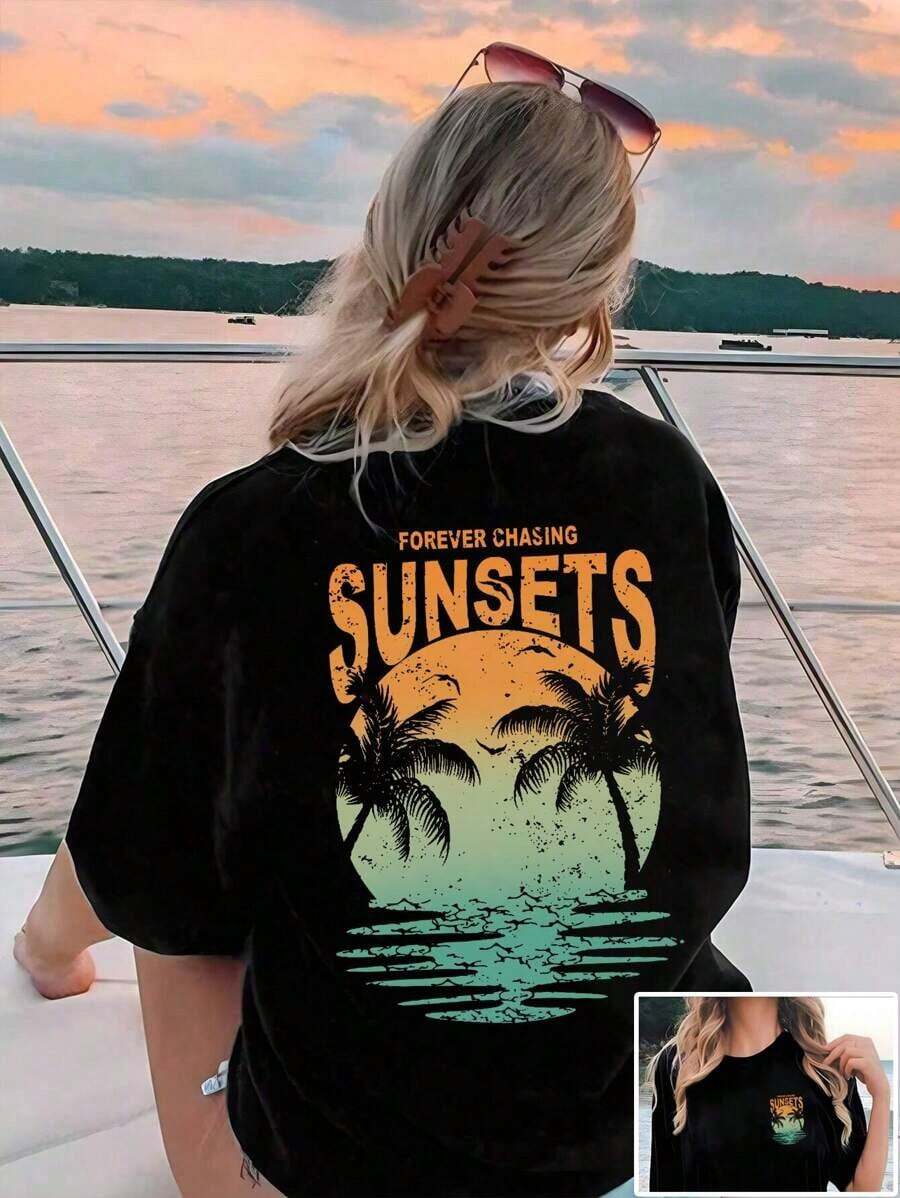 Playera de Mujer Cuello Redondo con Estampado de Atardecer y Palmeras Estilo Retro Casual de Manga Corta Ajuste Regular Suave y Fresca Moda de Vacaciones para Verano - Negro - Ver 1