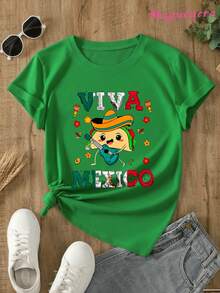 Edición Limitada MGY Camiseta Gráfica Viva Mexico para Mujer Talla -% Algodón, Manga Corta, Cuello Redondo, Estilo Casual con Diseño Vibrante de la Cultura Mexicana, Estampado de Maracas, Sombrero y Chiles, Negro y Rojo/Azul Verde, Lavable aáquina, Comodidad para Todas las Temporadas, Algodón Ligero - Verde - Ver 4