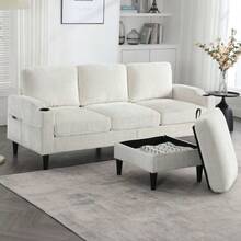 Elegant Sofa With Ottoman And Storage Space: 4 Seats With Comfortable Armrests, Cup Holders, Side Pockets And Sturdy Plastic Legs, Upholstered In Velvet For Added Comfort And A Soft Feel. - Beige - View 2