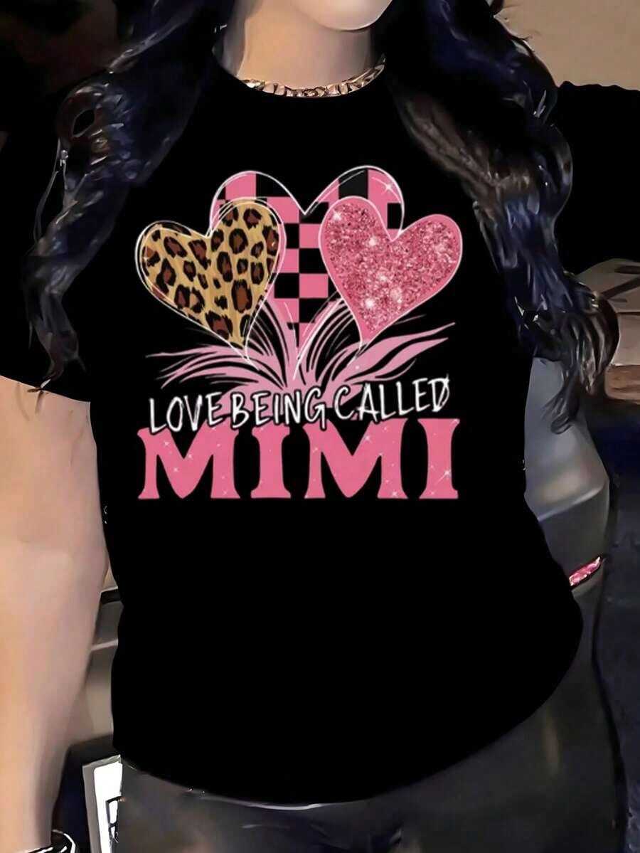 Premium Women's Black T-Shirt With The Phrase "Love Being Called Mimi", Leopard Print Hearts And Pink Glitter Tee, Modern Grandma Identity Blouse, Casual Top For Mother's Day Or Birthday Gift, - 黑色 - 查看 1
