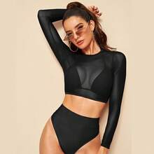 Traje de baño de bikini de malla de manga larga, traje de baño de tres piezas de cintura alta y corte triangular, de cintura alta y efecto adelgazante. - Blanco - Ver 2