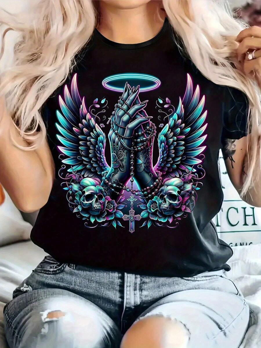 Women's Casual T-Shirt With A Round Neck And Short Sleeves, Made From Slightly Stretchy Material, Designed For A Regular Fit, Suitable For All Seasons; A Comfortable Blouse In The Women's Clothing Section - 黑色 - 查看 1