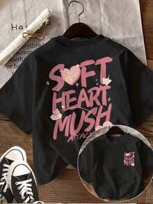 Camiseta de manga corta para mujer, estilo dulce y moderno, con estampado de corazón y letras rosas, 100% algodón, corte holgado, estampado de letras rosas en la parte delantera y trasera, top transpirable con diseño de letras, camiseta de manga corta moderna para mujer adulta, ideal para la temporada de regreso a clases, adecuada para actividades al aire libre, regalo ideal. - Negro - Ver 6