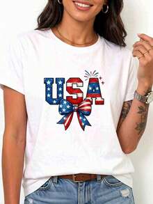 Women's White Short-Sleeved T-Shirt With American Flag Design - Patriotic Style - 白色的 - 查看 6