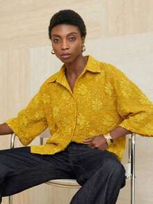Camisa de manga 7/8 verde oliva, corte minimalista, ajuste holgado, cuello clásico de solapa, cómoda de llevar - Amarillo - Ver 6