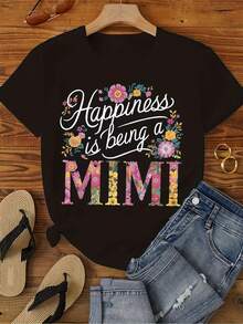 1 camiseta de manga corta para mujer, regalo para el Día de la Madre -- Estampado floral con la frase "La felicidad es ser madre", camiseta negra casual de cuello redondo, lavable a máquina, para primavera/verano, enviada desde almacén local, cómoda y de algodón puro, con descuento especial, adecuada para Pascua, Halloween, Día de Acción de Gracias, Navidad, etc. 180g 100% Algodón - Negro - Ver 6