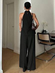 Set de 2 piezas con top de cuello halter y pantalones de pierna ancha con decoración de monedas vintage, adecuado para conjuntos de lounge de verano temprano para mujeres - Negro - Ver 2