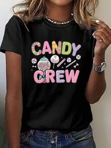 CANDY CREW Camiseta con Diseño Estampado Temático de Caramelos, Top Casual de Manga Corta y Cuello Redondo para Verano y Primavera, Ropa de Mujer - Negro - Ver 1