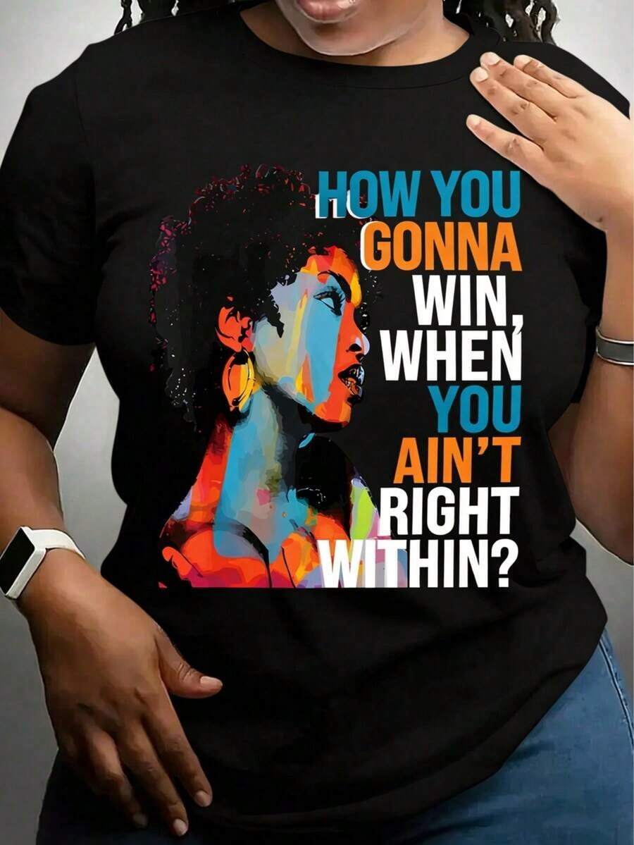 "New For 2026" Women's Short Sleeve T-Shirt With Round Neck And Letter Print, Graphic Tees, Women's Tops, Cotton T-Shirt - 黑色 - 查看 1