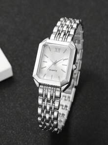 Bộ 5 chiếc đồng hồ đeo tay nữ thời trang thường ngày, mặt số La Mã vuông, máy quartz, kèm dây đeo (không bao gồm đồng hồ). - Bạc - Xem 7