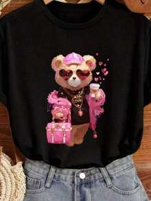 Oso Navideño Casual &amp;   Camiseta con Estampado de Amor, Cuello Redondo Casual, Manga Corta, Tops para Mujer, Ropa Creativa para Mujer, Imprescindible - Negro - Ver 7