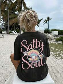 Women's Casual Summer T-Shirt, Sweet Style, With Shell, Pearl, Flower And Salty Soul Print, Short Sleeve, Round Neck, Pure Cotton, Loose Fit With Dropped Shoulders - 黑色 - 查看 3