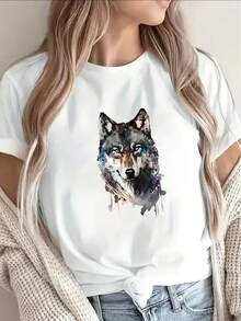 Camiseta de poliéster para mujer con estampado de lobo, adecuada para uso casual en casa y al aire libre, ligera y duradera, con un diseño de patrón animal vívido, que ofrece tanto comodidad diaria como estilo. - Blanco - Ver 1