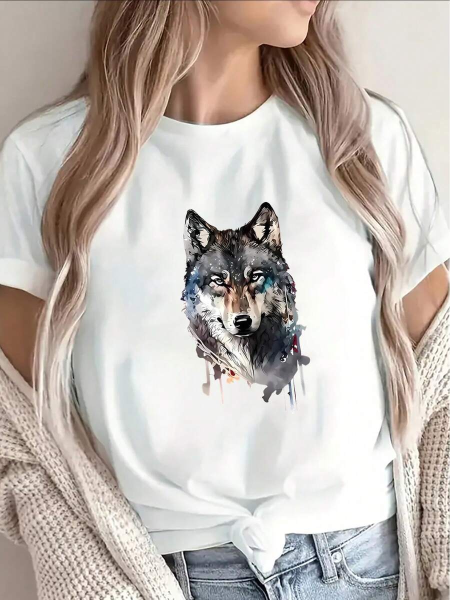 Camiseta de poliéster para mujer con estampado de lobo, adecuada para uso casual en casa y al aire libre, ligera y duradera, con un diseño de patrón animal vívido, que ofrece tanto comodidad diaria como estilo. - Blanco - Ver 1