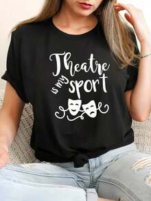 Camiseta Deportiva Casual para Mujer, con el eslogan El Teatro Mi Deporte, Camiseta Deportiva Casual de Manga Corta con Cuello Redondo, Top de Moda Primavera/Verano - Estilo Urbano Vintage Unisex, Camiseta Holgada de Algodón de Manga Corta con Cuello Redondo. - Negro - Ver 1