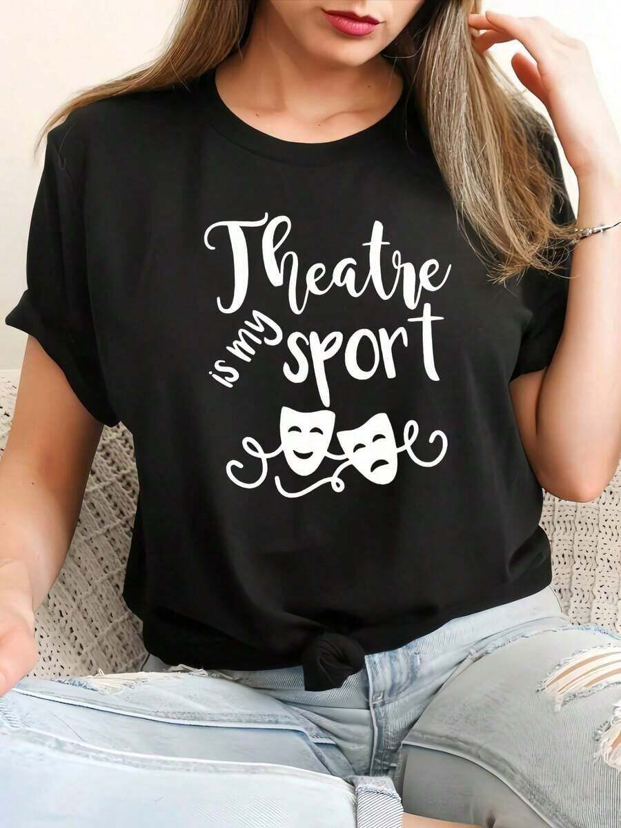 Camiseta Deportiva Casual para Mujer, con el eslogan El Teatro Mi Deporte, Camiseta Deportiva Casual de Manga Corta con Cuello Redondo, Top de Moda Primavera/Verano - Estilo Urbano Vintage Unisex, Camiseta Holgada de Algodón de Manga Corta con Cuello Redondo. - Negro - Ver 1