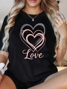 Camiseta con Estampado de Corazón Negro para Mujer, Top Casual de Moda con Diseño de Corazones Rosados y Plateados para el Día de San Valentín y Uso Diario. Camiseta de Mujer con Cuello Redondo y Mangas Cortas, con Estampado Divertido para el Día de San Valentín, Adecuada para Fiestas de Navidad, Actividades Deportivas, Fiestas de Vacaciones, Salidas, Citas, Deportes, Ocio Diario, Regalos de Vacaciones (220g). playeras de mujer - Negro - Ver 5