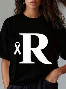 Black T-Shirt With White Ribbon And The Letter R Design For Breast Cancer Awareness. Fun Prints Are Suitable For Family Gatherings, Christmas Parties, Sports Activities, Holiday Parties, Outings, Sports, And Other Holiday Gifts (220g). Fun Prints Are Ideal For Family Gatherings, Christmas Parties, Sports Activities, New Year's Eve Parties, Outings, Sports, And Other Holiday Gifts (220g). Women's T-Shirts - 黑色 - 查看 6