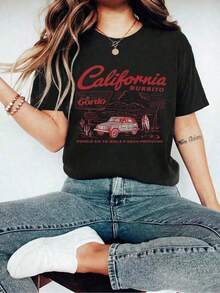 Women's Y2K Style Summer Top, Cute And Fun. Celebrating Retro California Surf Style, Mexican Taco Cuisine, And Retro American Road Trips. Women's T-Shirt With Cartoon Letter Print, Suitable For Various Occasions, Such As A Gift For Festivals, Birthdays, Music Festivals, Mother's Day, Easter, Graduation Season. Casual And Versatile, Comfortable, Perfect For Beach Vacations, Simple And Fashionable, Suitable For Everyday Wear For Women And Girls. Women's Summer Outfits - 黑色 - 查看 3