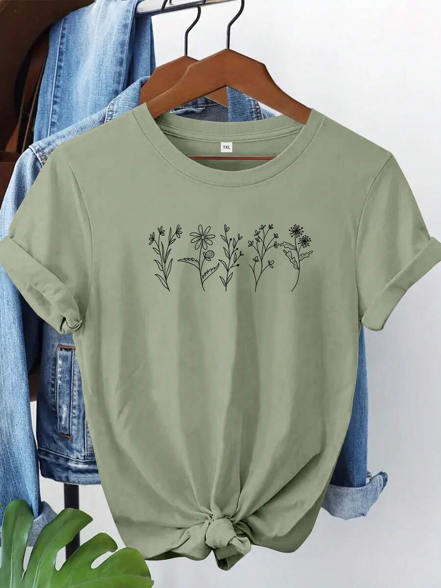 Talla Grande - Camiseta con Estampado Floral, Top Casual de Manga Corta y Cuello Redondo para Primavera/Verano, Ropa de Talla Grande para Mujer - Verde Oliva - Ver 1