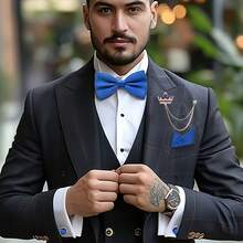 New Silk Bow Tie Set For Men, Available In 9 Colors, Includes Crown Flower Lapel Pin, Handkerchief And Cufflinks - A - View 8