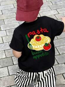 男婴休闲夏季T恤，可爱意大利面“Buon Appetito”（祝您好胃口）印花短袖T恤，柔软棉质，适合日常玩耍和户外活动。 - 黑色 - 查看 1