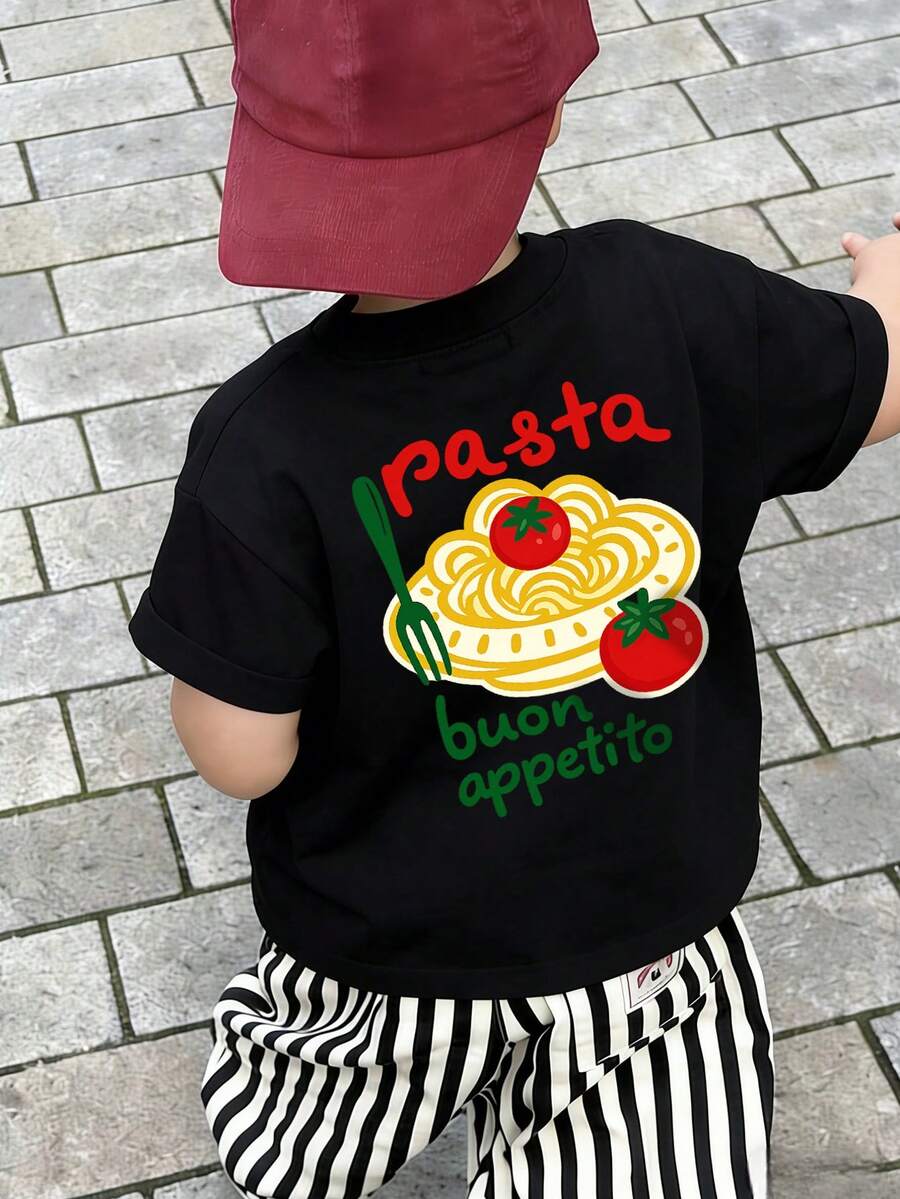 男婴休闲夏季T恤,可爱意大利面“Buon Appetito”(祝您好胃口)印花短袖T恤,柔软棉质,适合日常玩耍和户外活动。 - 黑色 - 查看 1