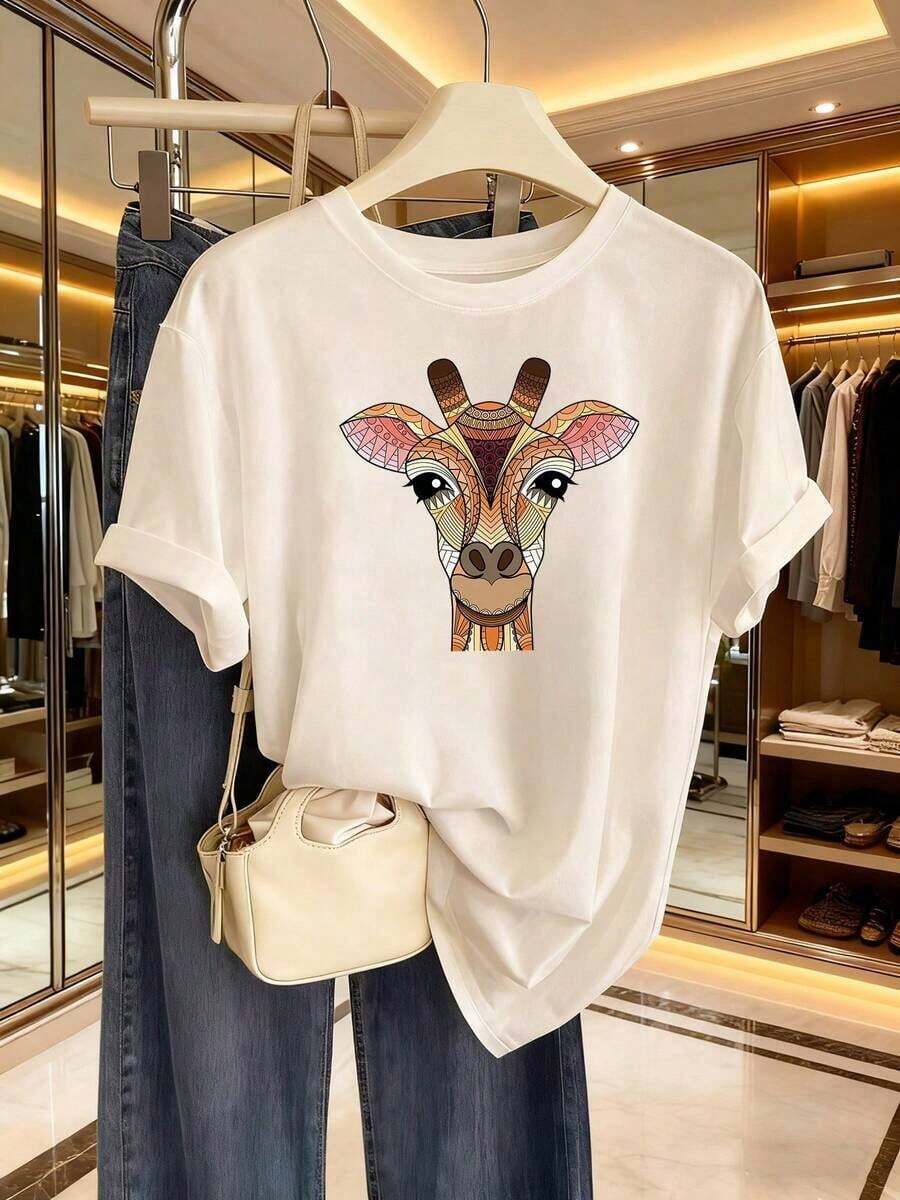 Camisetas de manga corta de talla grande para mujer, ideales para el verano y el uso diario, camisetas básicas, una nueva camiseta de manga corta con un estampado artístico de jirafa, una camisa casual y hermosa para mujer, camiseta versátil, lavable a máquina, transpirable y cómoda. - Blanco - Ver 1