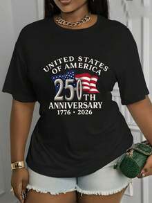 Camiseta Deportiva Casual para Mujer - Camiseta Elástica de Cuello Redondo con Diseño del 250 Aniversario de EE. UU., Lavable aáquina, Ajuste Cómodo para Todas las Estaciones, para Combinar con Pantalones Cortos de Mezclilla y Bolso. - Negro - Ver 6