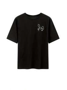 Camiseta Holgada Sencilla Mujer Estilo Moderno Camiseta de Mujer de Manga Corta con Cuello Redondo y Estampado de Conejo, Versátil y Linda para Verano BAO Camiseta Mujer Estampado Gráfico  Verano 2026 - Negro - Ver 3