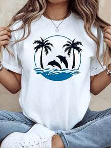 Camiseta de Mujer, Talla Grande, Camiseta de Mujer con Diseño de Silueta con Temas de Islas, Delfines y Palmeras, Perf_0670, Camiseta Cómoda y Vibrante de Diseño Retro, Adecuada para Mujeres, Camiseta Casual de Manga Corta para Mujer, Talla Estándar, Camiseta Básica - Blanco - Ver 7