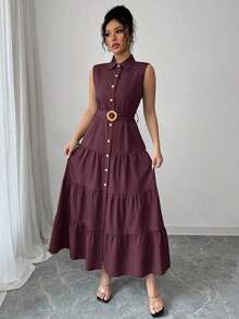 Women's Single-Breasted Sleeveless Shirt Dress With Ruffled Hem In Solid Color - Dark Gold - View 4