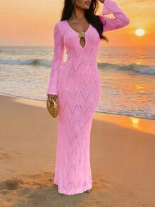 Women's Red Knit Long Sleeve V-Neck Semi-Sheer Dress, Elegant Bohemian Vintage Resort Style Pink Vacation Beach Summer - Pink - View 7