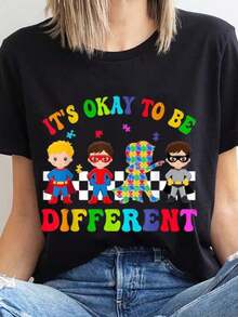Camiseta unisex de manga corta con estampado de superhéroes y piezas de rompecabezas, cuello redondo, para la concientización sobre el autismo, ropa casual, idea de regalo para fiestas, lavable, para uso diario, camiseta de verano. - Negro - Ver 7