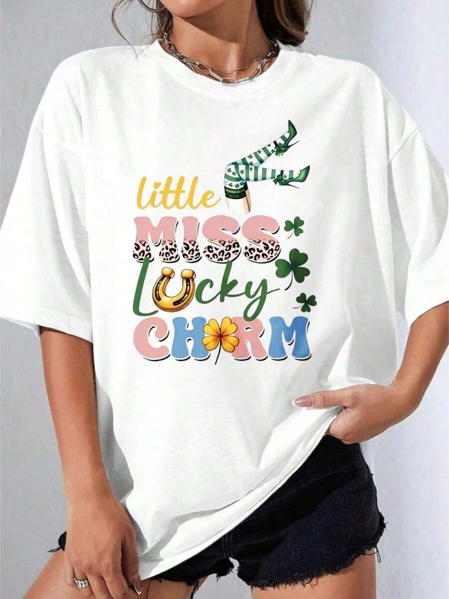 Camiseta Negra y Blanca para Niña, Camiseta Blanca de Talla Grande con Estampado de la Pequeña Dama de la Suerte, con Diseño de Trébol, Herradura y Flor para la Celebración del Día de San Patricio, Fiesta al Aire Libre, Camiseta Casual Estampada de 180g - Blanco - Ver 1