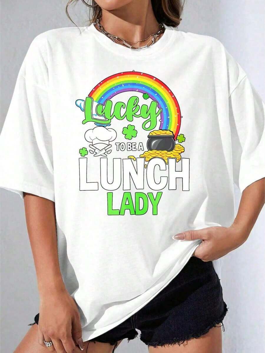 Camisetas de Mujer, Manga Corta Casual para Fiesta, Camiseta Blanca "OneLucky To Be A Lunch Lady" con Estampado de Arcoíris, Olla de Oro y Trébol para Celebración del Día de San Patricio, 180g - Blanco - Ver 1