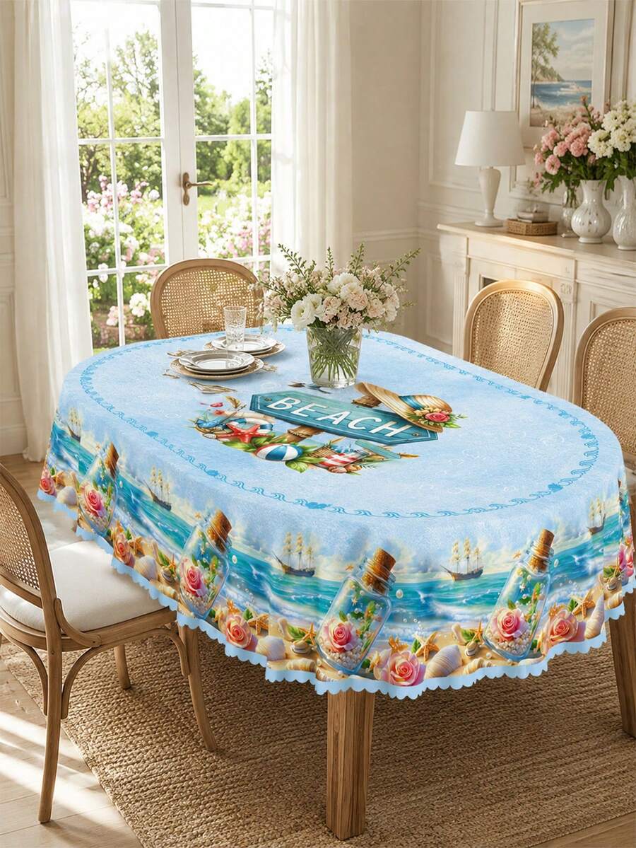 1 Piece Of Summer Beach Starfish Shell Patterned Tablecloth, Polyester Tablecloth With Fan-Shaped Edges, Suitable For Terraces, Kitchenware, Beach Parties, Wedding Decorations, Swimming Pool Parties, Tropical Home Decor, With A Nautical Theme Wallpaper. - Multicolor - View 1