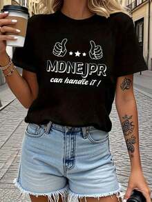Camiseta estampada "Can Handle It" de MDNEJPR, top casual de manga corta y cuello redondo, adecuada para verano y primavera, ropa de mujer. - Negro - Ver 6