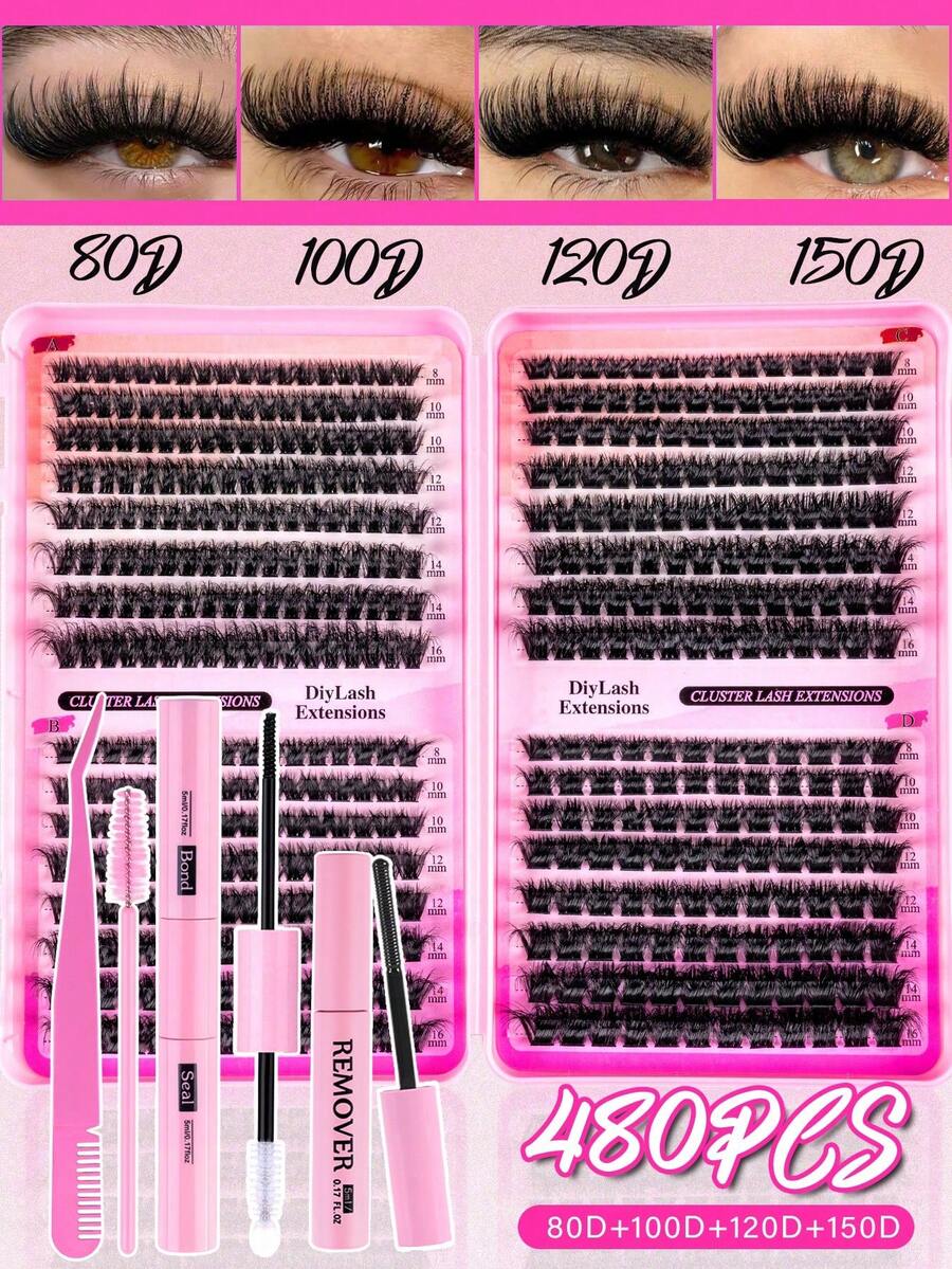 MEM 608/480D Curly Cluster False Eyelashes Set, Includes Beginner-Friendly False Eyelash Tutorial, Thick & Fluffy Segmented False Eyelashes, Comes With Glue, Sealant, Tweezers, Lash Brush, Extra-Volume Double-Eye False Lashes - Black - View 1
