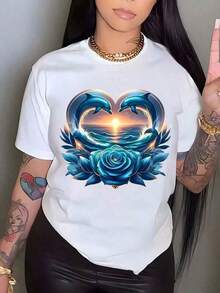 100% AlgodóN, Estilo Casual, Moda De Talla Grande, Camiseta Con Estampado De Rosas En Forma De CorazóN De DelfíN, Top De Manga Corta Con Cuello Redondo Para Mujer, Longitud Regular, Adecuada Para Todas Las Estaciones, CóModa, Holgada. - Blanco - Ver 1