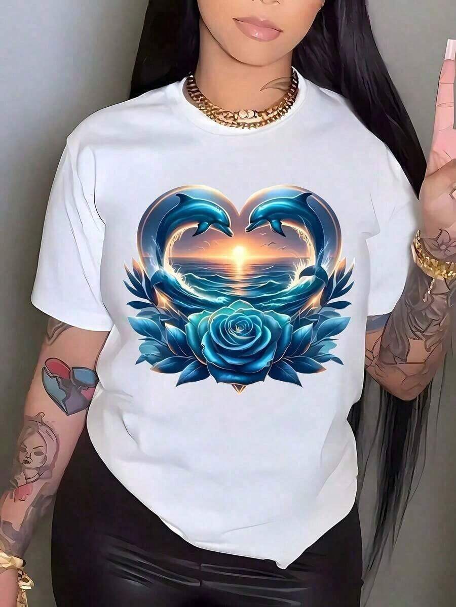 100% AlgodóN, Estilo Casual, Moda De Talla Grande, Camiseta Con Estampado De Rosas En Forma De CorazóN De DelfíN, Top De Manga Corta Con Cuello Redondo Para Mujer, Longitud Regular, Adecuada Para Todas Las Estaciones, CóModa, Holgada. - Blanco - Ver 1