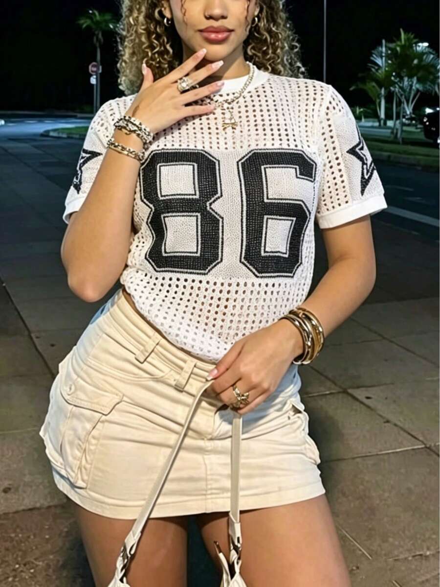女款休閒素色針織上衣,街頭風寬鬆針織網眼數字星星印花圓領短袖針織上衣,夏季白色 - 白色 - 查看 1