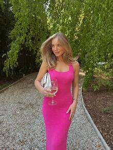 Daleeva Fashionable Sleeveless Knit Beachwear For Women, Casual Summer Holiday Long Sweater Dress - Hot Pink - View 9
