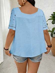 LUNE Camisa de mujer talla grande con cuello cuadrado bordado, mangas con volantes y de manga corta, de estilo versátil, casual y minimalista, adecuada para primavera y verano - Azul - Ver 2