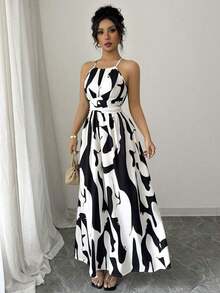 Vestido elegante de mujer con cuello halter, corte en la cintura, twist y bloque de color asimétrico, para primavera/verano - Blanco y Negro - Ver 7
