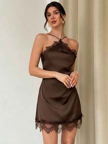 Vestido mini ajustado de satén negro con adorno de encaje, elegante y romántico para citas, festivales de música, fiestas, graduaciones, vacaciones, invitada de boda, vestido de cumpleaños - Marrón - Ver 6