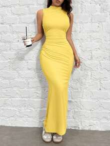 Vestido De Sirena Ajustado De Cuello Alto Tejido Para Mujer En Color Albaricoque - Amarillo - Ver 1